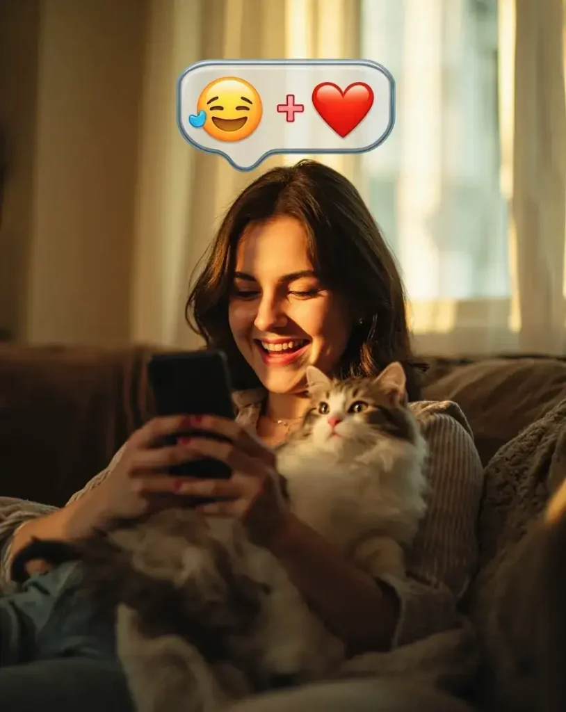 Cat with Star Eyes Emoji – The Viral Emoji That Never Existed 3 Girl sending star-eyed cat emoji combo